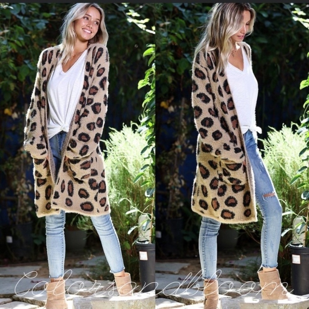Leopard Front Fuzzy Open Cardigan - Picture 2 of 3